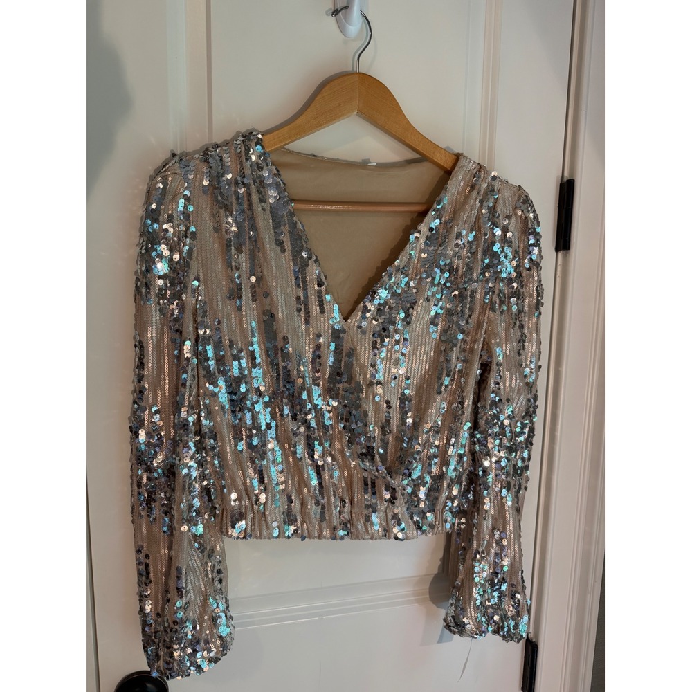 Silver Sequin + Champagne Long Sleeve V-Neck Party Blouse Small